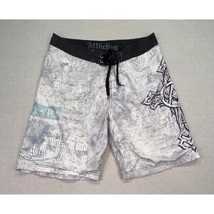 Affliction Mens 36 Board Shorts Gray Gothic Graphic Cross Swim Trunks